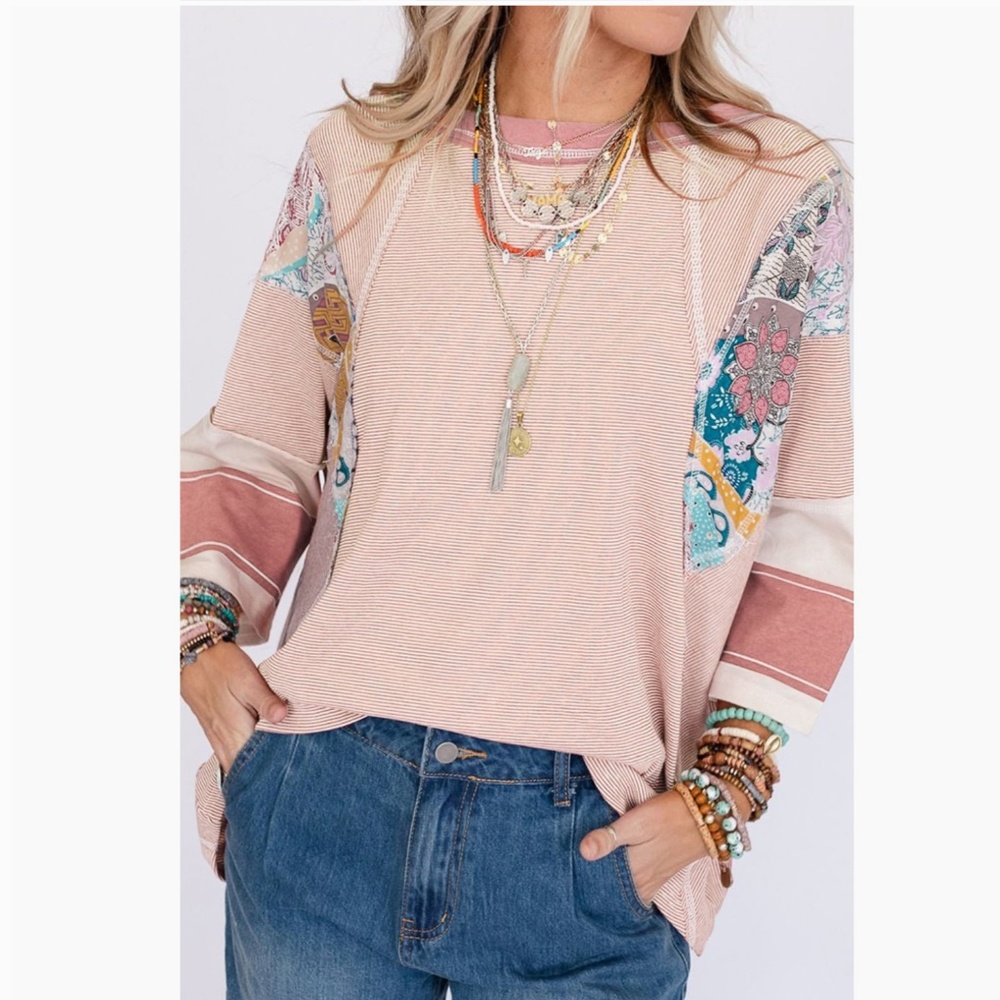 ❤️ Women’s Boho Patchwork Oversized Jersey Top Relaxed Fit Retro 90’s Y2K Shirt
